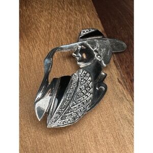 Vintage Unique Art Deco Fedora Hat Lady Marcasite & Onyx Sterling Silver Brooch